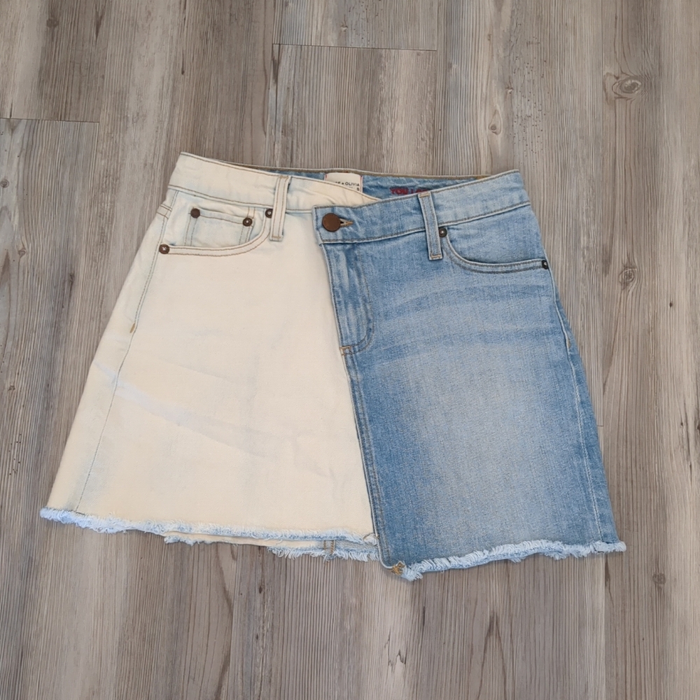 💞 Alice + Olivia Mini Skirt Denim Color Block Raw Hem Sz 26